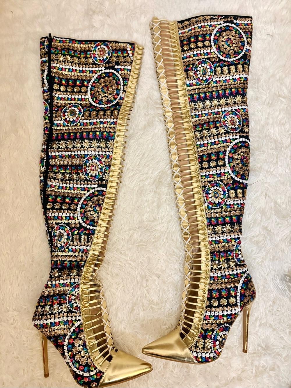 Gold Sequin Lace-Up Thigh High Stiletto Boots ✨ Festival Glam Statement Heels